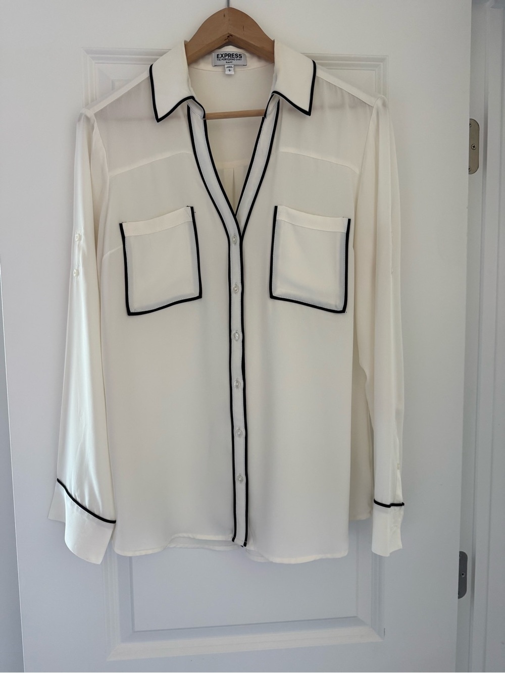 Express Cream Button-Down Blouse with Black Trim